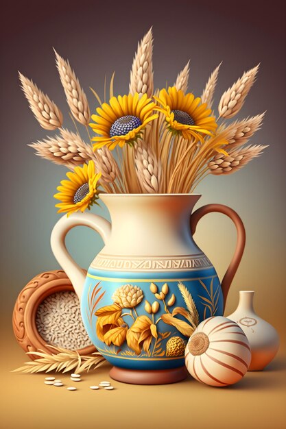 A painting of a vase of sunflowers and a corn cob