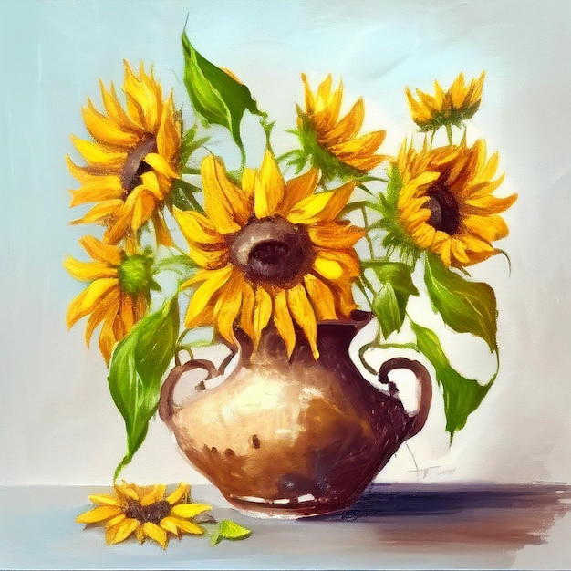 A painting of a vase of sunflowers with green leaves.