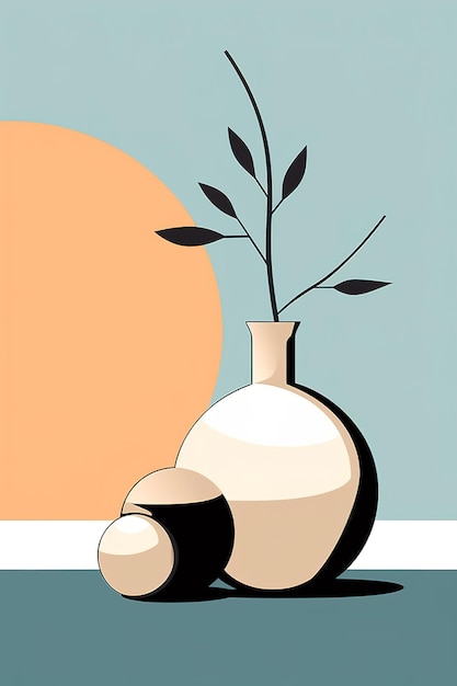 A painting of a vase with a branch in it