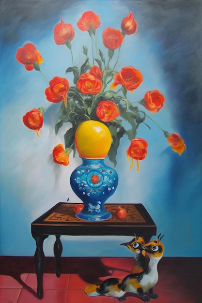 A painting of a vase with flowers on it