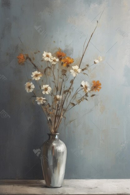 A painting of a vase with flowers on it