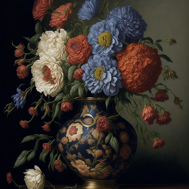 A painting of a vase with flowers in it