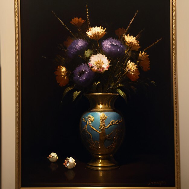 a painting of a vase with flowers in it