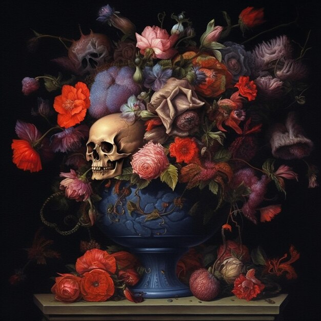 A painting of a vase with flowers and a skull on it.