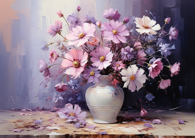 Painting of a vase with flowers on a table with a wall in the background generative ai