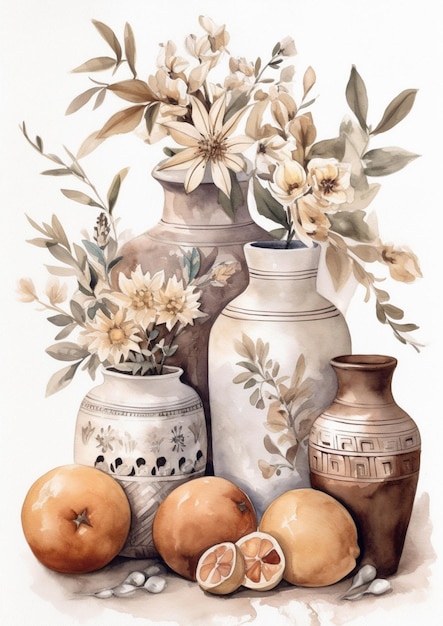 A painting of a vase with flowers and a vase with oranges.