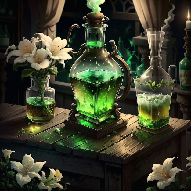 A painting of a vase with a green liquid in it