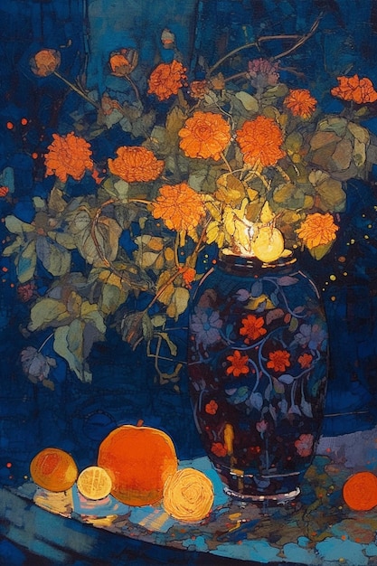 A painting of a vase with oranges and flowers on it