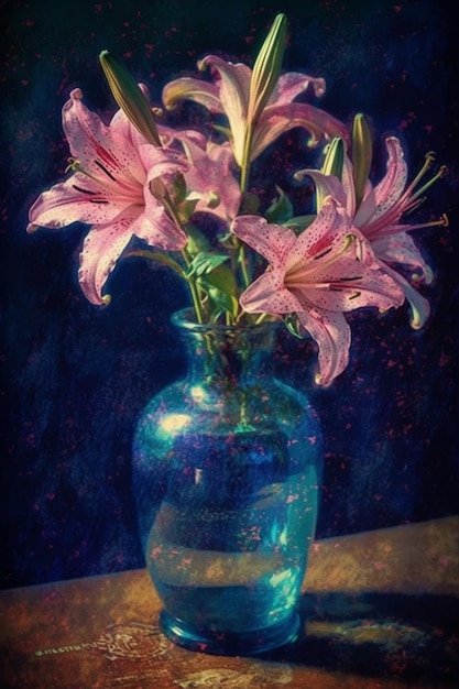 A painting of a vase with pink flowers in it