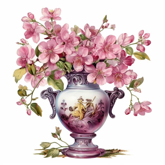 a painting of a vase with pink flowers and a picture of a dragon and a dragon.