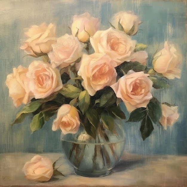 a painting of a vase with roses in it