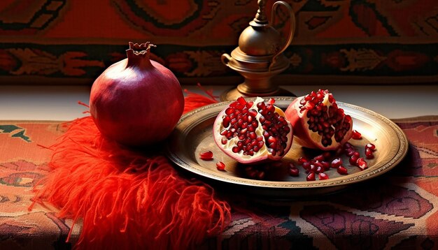 A painting vector illustration of a pomegranate and the copper side on an persian rug while