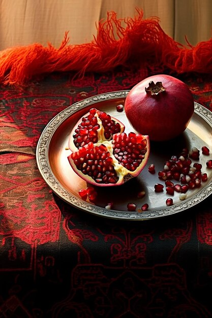 A painting vector illustration of a pomegranate and the copper side on an persian rug