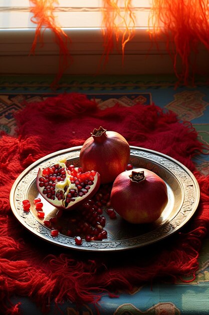 A painting vector illustration of a pomegranate and the copper side on an persian rug