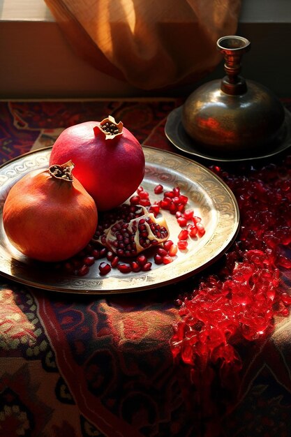 Photo a painting vector illustration of a pomegranate and the copper side on an persian rug