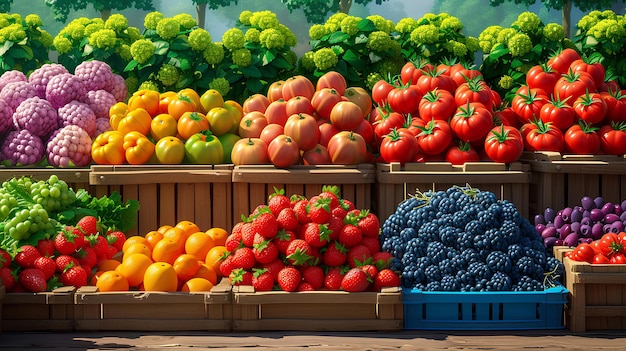 A painting of a vegetable stand with many different fruits and vegetables in it