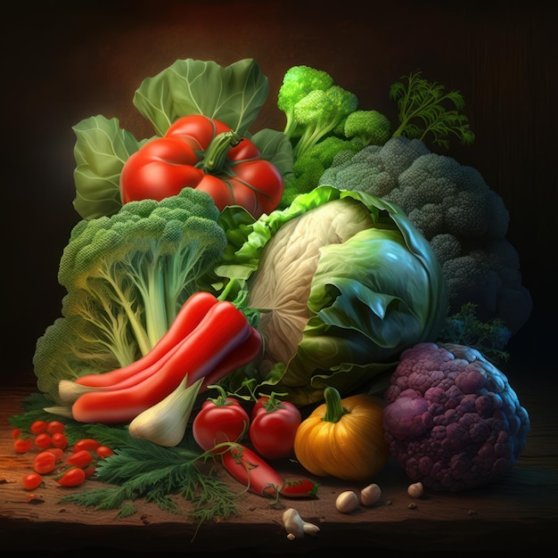 A painting of vegetables and a tomato with a dark background.