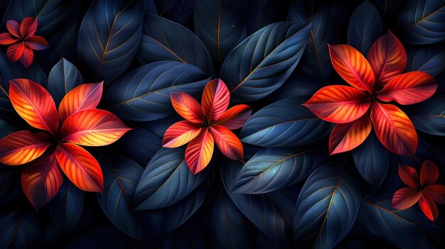 Painting of vibrant red and blue flowers set against a deep black background