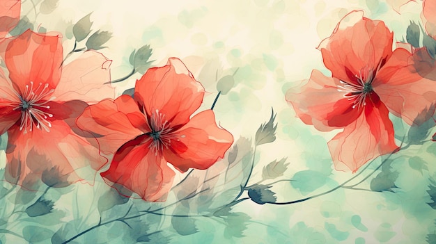 青い 背景 に 鮮やかな 赤い 花 を 描く