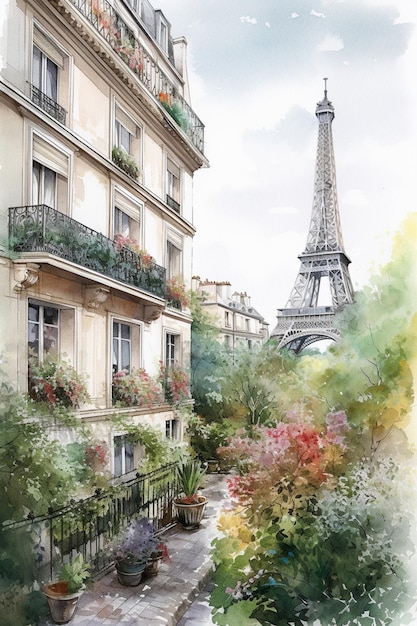 Painting of a view of the eiffel tower from a balcony generative ai