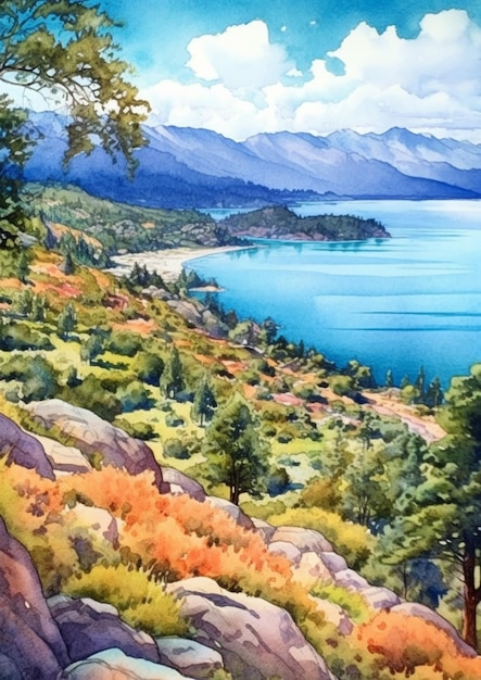 Картина с видом на озеро и горы с деревом