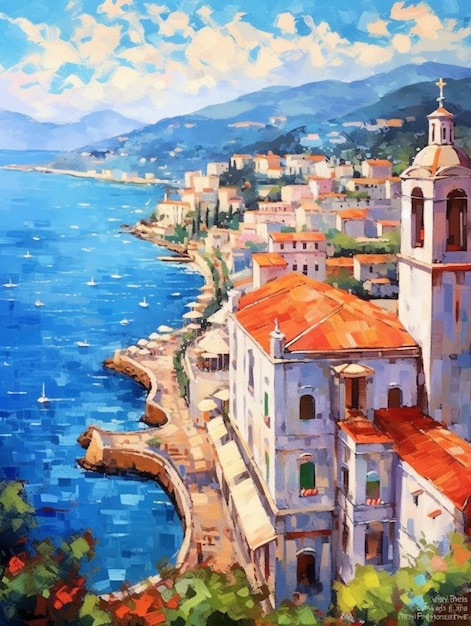 Painting of a view of a town with a church and a body of water generative ai