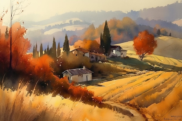 A painting of a village in autumn
