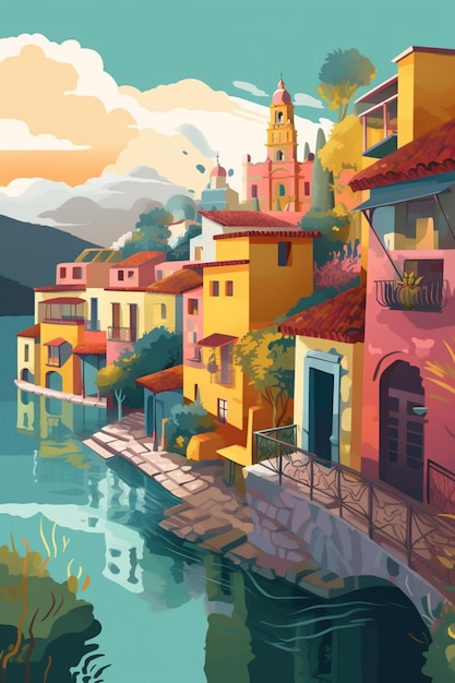 바닷가 마을을 그린 그림.
