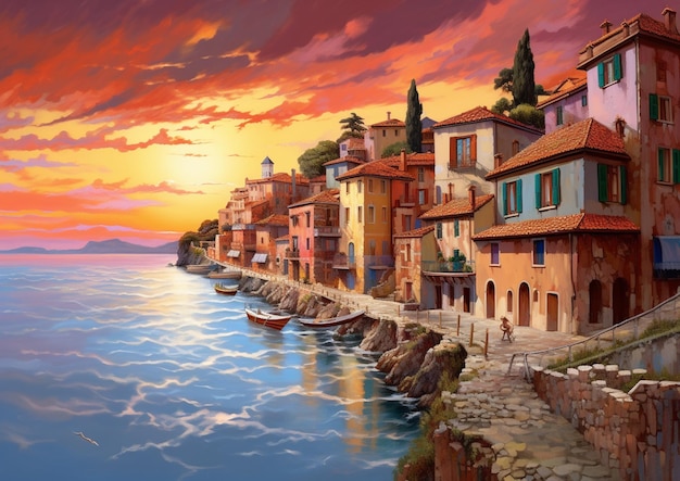 A painting of a village by the sea