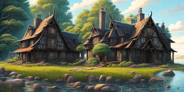 A painting of a village in the forest.