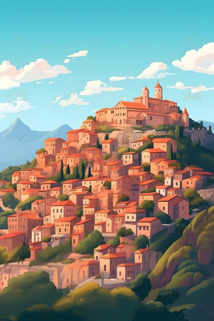 A painting of a village on a hill with a mountain in the background