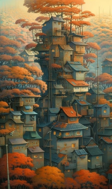 A painting of a village in japan