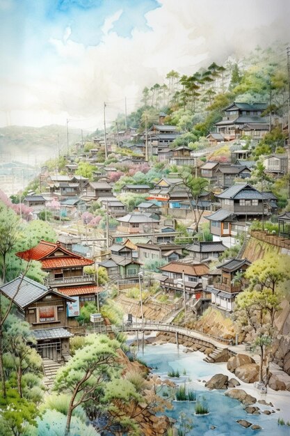 A painting of a village in japan