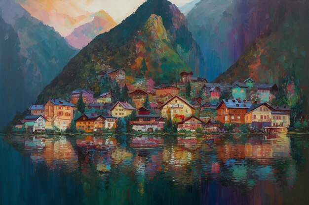 Painting of a village on a lake with mountains in the background generative ai