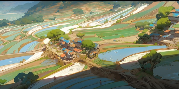 A painting of a village in a rice field.