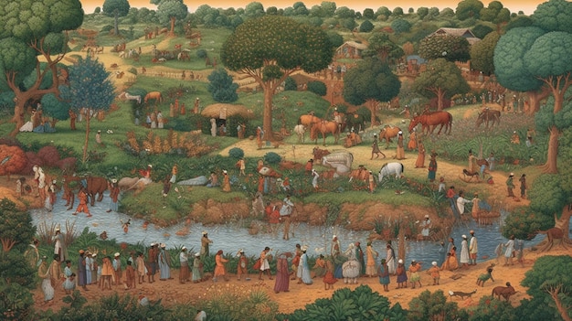 A painting of a village scene with people and animals.