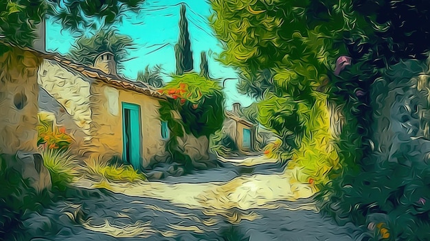 A painting of a village with a blue door and a green tree in the foreground.