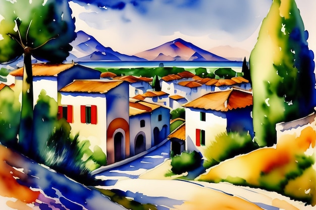 A painting of a village with a mountain in the background