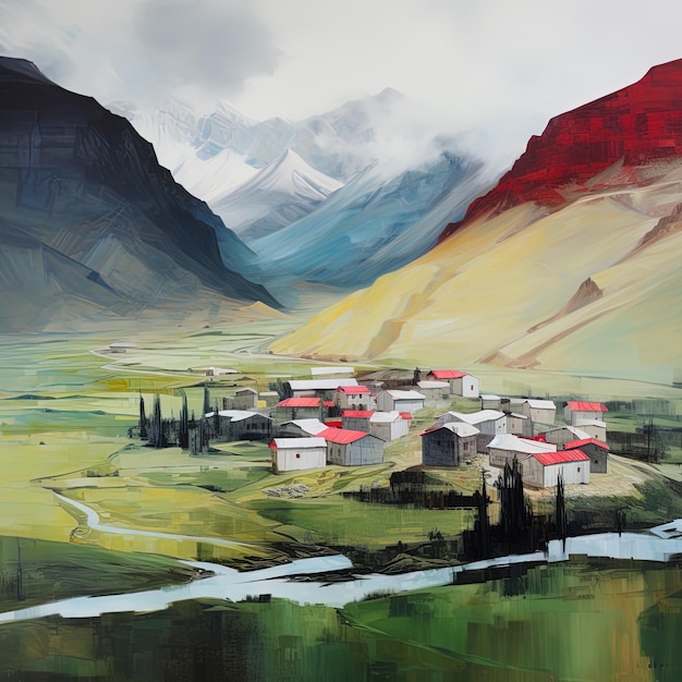 a painting of a village with mountains in the background