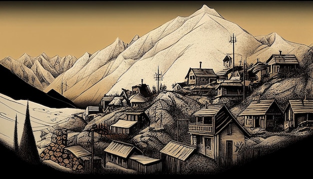 A painting of a village with mountains in the background.