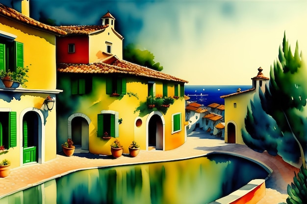 Photo a painting of a village with a pool in the middle