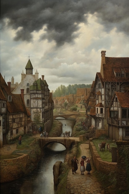 Photo painting of a village with a river and a bridge and people walking generative ai