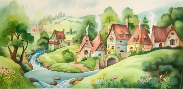 Photo a painting of a village with a river flowing through it.