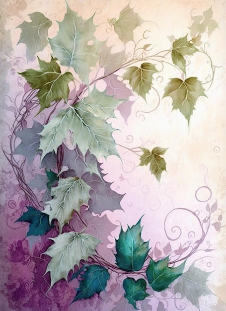 A painting of a vine with green leaves and vines.