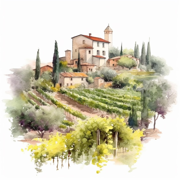 Photo painting of a vineyard with a church and a church tower generative ai