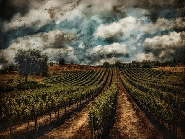 A painting of a vineyard with a cloudy sky in the background.