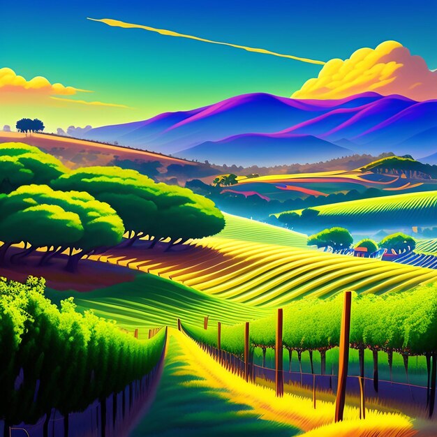 Картина виноградника с красочным небом и горами на заднем плане.
