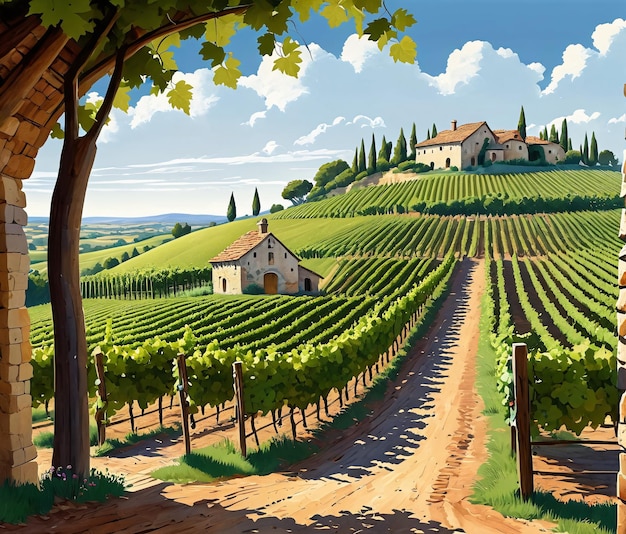 a painting of a vineyard with a road leading to a house