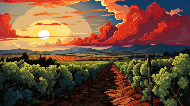 A painting of a vineyard with a sunset in the background ai