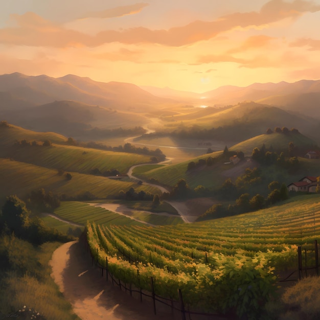 A painting of a vineyard with a sunset in the background.